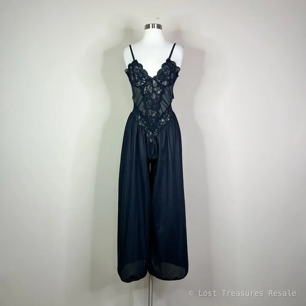 Vintage 80s Andrea Kristoff Escante Black Lace Sheer Wide Leg Lingerie Jumpsuit